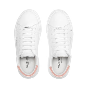 VALENTINO Lace Up Sneaker in white leather and pink inlay