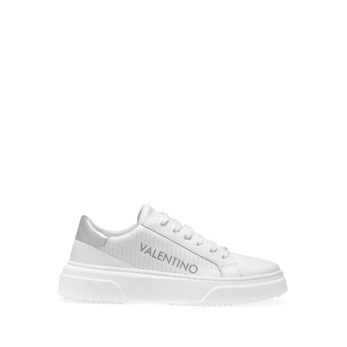 VALENTINO Lace Up Sneaker in white hide and silver inlay