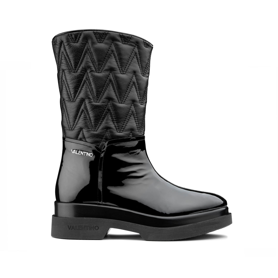 VALENTINO Flatform ankle boots in black faux leather matelassé