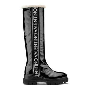 VALENTINO Boots in black patent leather with rubber sole and logo detail.
