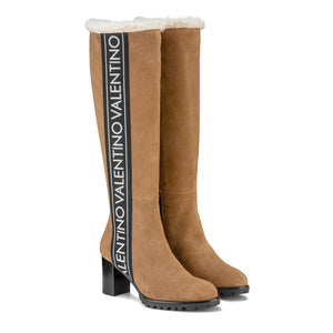 VALENTINO Boots in light brown suede with faux fur lining and logo detail